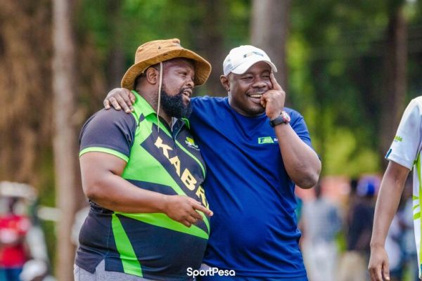 Kabras Sugar RFC head coach Carlos Katywa alongside KCB RFC head coach Curtis Olago. PHOTO| SportPesa