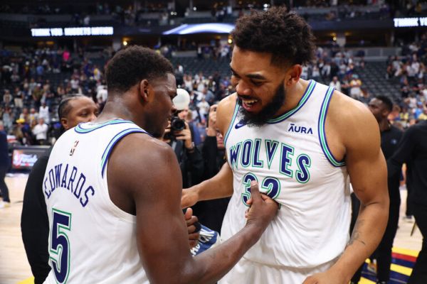 Karl-Anthony Towns #32 and Anthony Edwards #5 of the Minnesota Timberwolves celebrate after winning Game 7. PHOTO| AFP