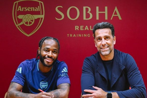 Raheem Sterling alongside Arsenal Sporting Director Edu. PHOTO| Arsenal