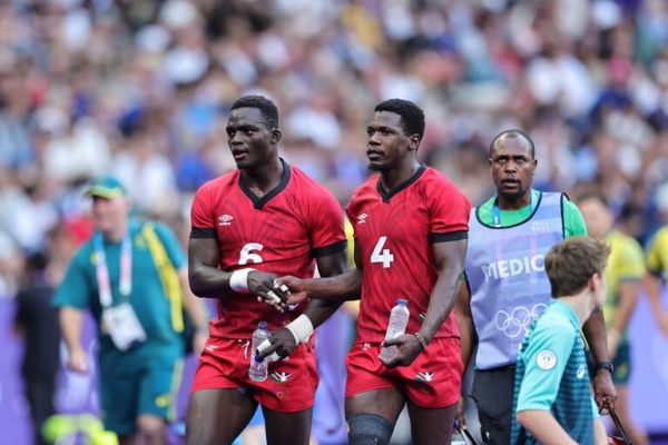 Shujaa players Kevin Wekesa and Vincent Onyala. PHOTO| Team Kenya