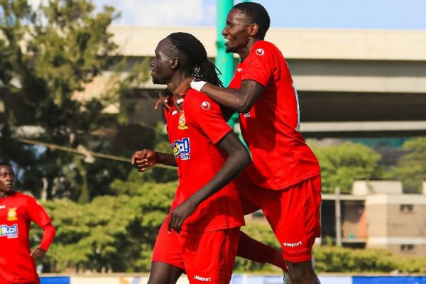 Tito Okello and Kenneth Muguna celebrate scoring against Gor Mahia. PHOTO| FKFPL