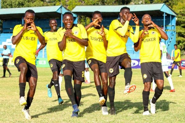 Tusker players celebrate after scoring against KCB. PHOTO| Tusker